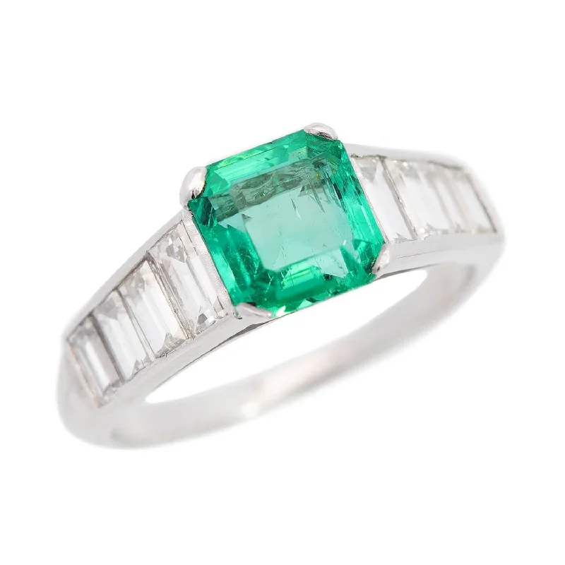 emerald-cut diamond engagement rings-Art Deco Platinum Colombian Emerald and Diamond Ring