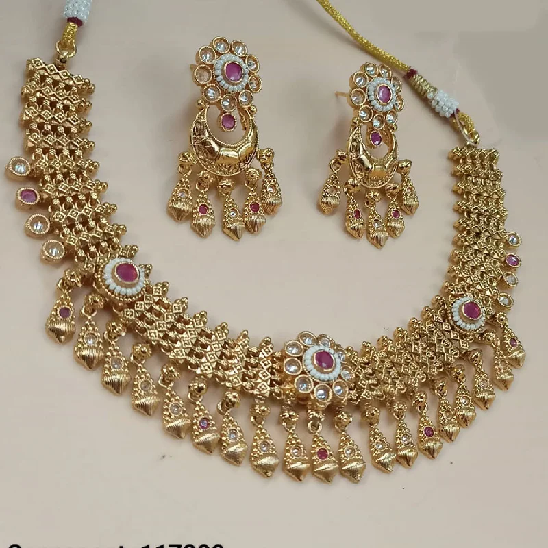 trendy layered chain necklaces-Padmawati Bangles Gold Plated Crystal Stone And Pearls Necklace Set