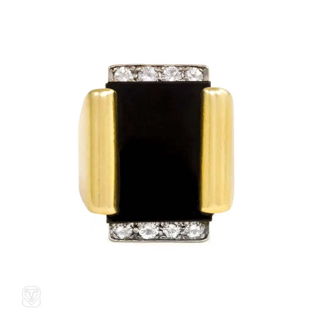 oval-shaped engagement rings for women-Gold, onyx, and diamond ring, Cartier