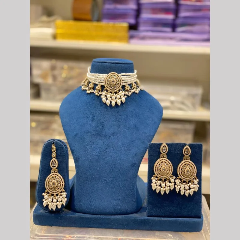 classic necklaces for women-Hira Collections Gold Plated Kundan Stone And Pearls Choker Necklace Set