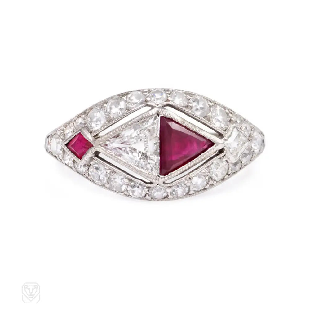 women’s custom platinum engagement rings-Art Deco trilliant ruby and diamond ring