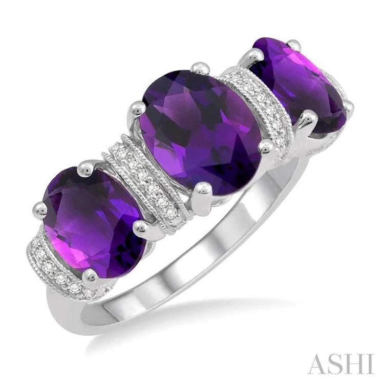 women’s silver stacking rings-1/10 Ctw Round cut Diamond and Tri Mount Oval Cut 8x6mm & 7x5mm Amethyst Semi Precious Ring in 10K White Gold