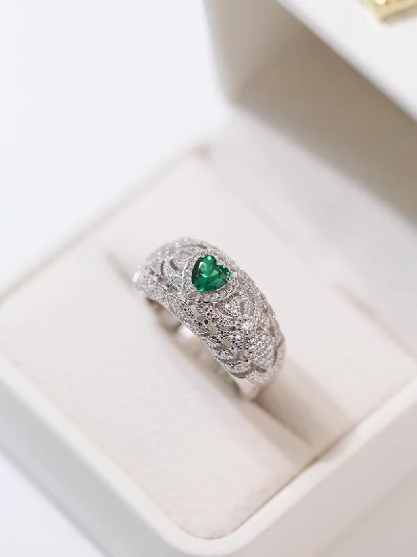 women’s platinum wedding rings-Vintage Heart-Shaped Emerald and Diamond Ring