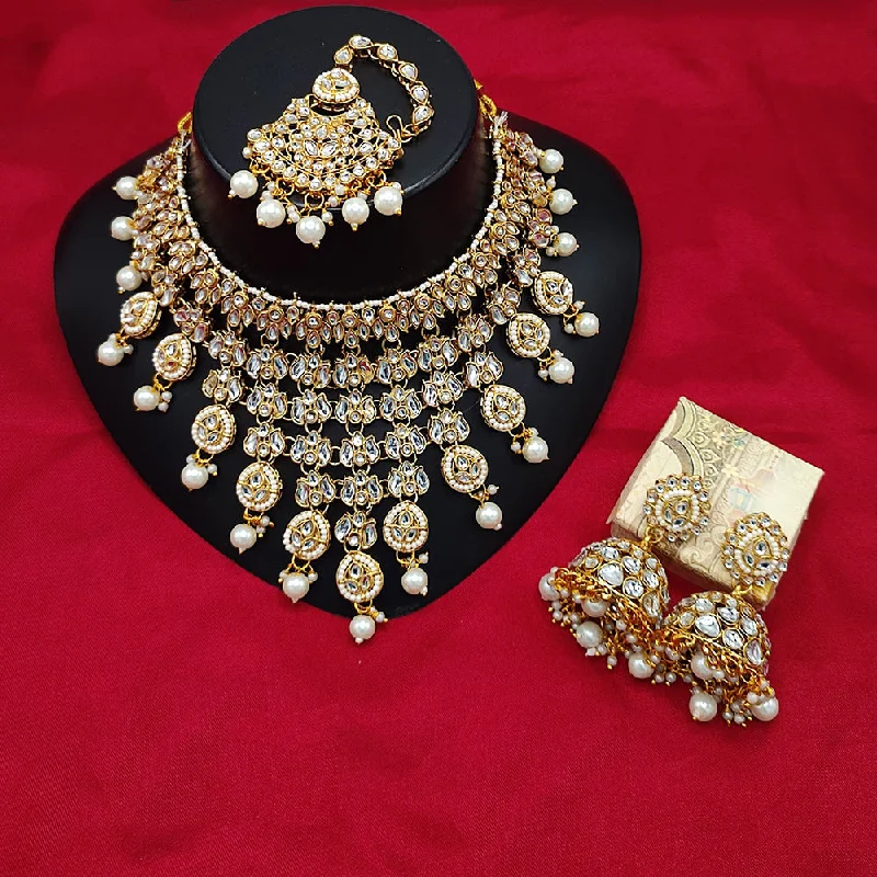 women’s gold lock necklaces-Lucentarts Jewellery Gold Plated Kundan Stone And Beads Necklace Set