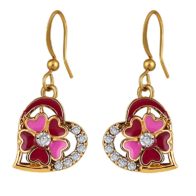 women’s birthstone earrings-Mahi Gold Plated Pink and Maroon Meenakari Work and Crystals Floral Heart Earrings for Women (ER1109857GPinMar)