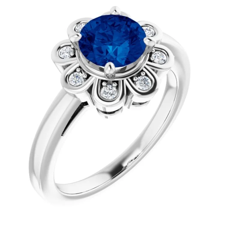 women’s engagement rings with halos-14K White Lab-Grown Blue Sapphire & 1/8 CTW Natural Diamond Ring