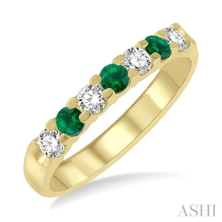 anniversary rings for women-1/4 ctw Round Cut Diamond and 2.6MM Emerald Precious Wedding Band in 14K Yellow Gold