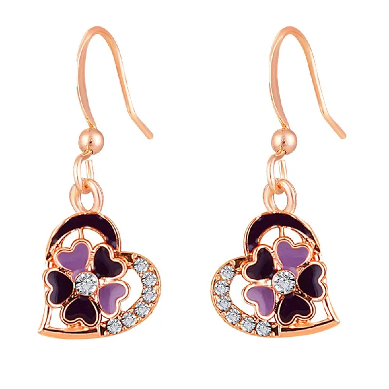 women’s cuff earrings-Mahi Rose Gold Plated Purple Meenakari Work and Crystals Floral Heart Earrings for Women (ER1109854ZPur)