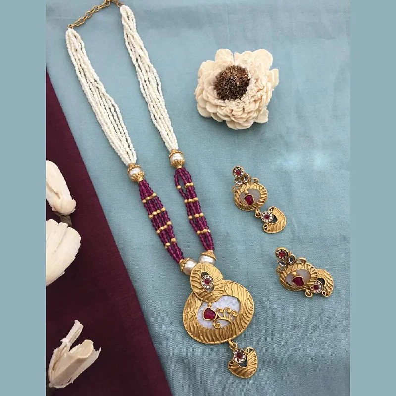 elegant necklaces for women-FS Collection Gold Plated Kundan Stone And Pearls Long Necklace Set