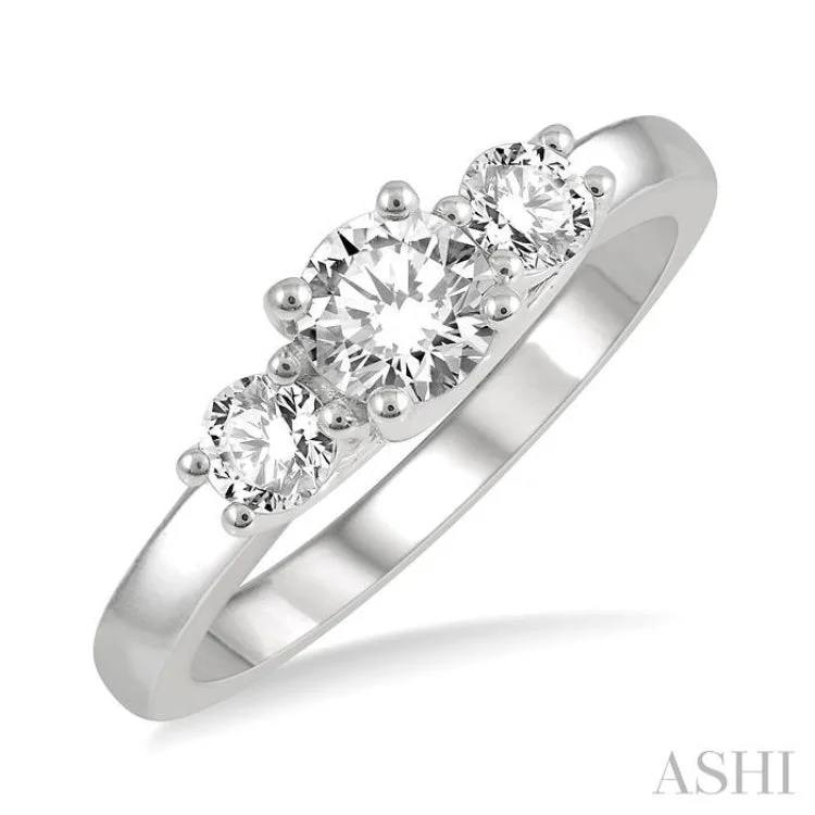 diamond-encrusted rings for women-3/4 Ctw Round Cut Diamond Three-Stone Ring in 14K White Gold