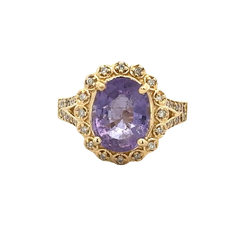 women’s floral engagement rings-Purple Tourmaline and Diamond Ring in Yellow Gold