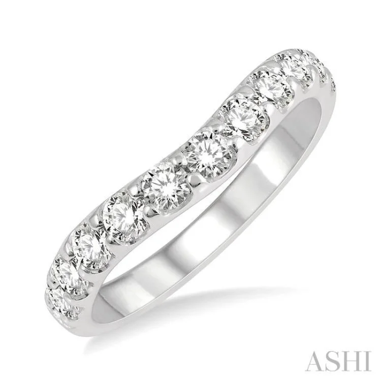 gold rings for women-3/4 Ctw Arched Center Round Cut Diamond Wedding Band in 14K White Gold