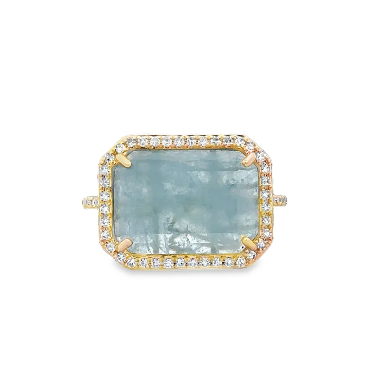 women’s engagement rings with colored diamonds-Aquamarine Slice and Diamond Ring in Yellow Gold