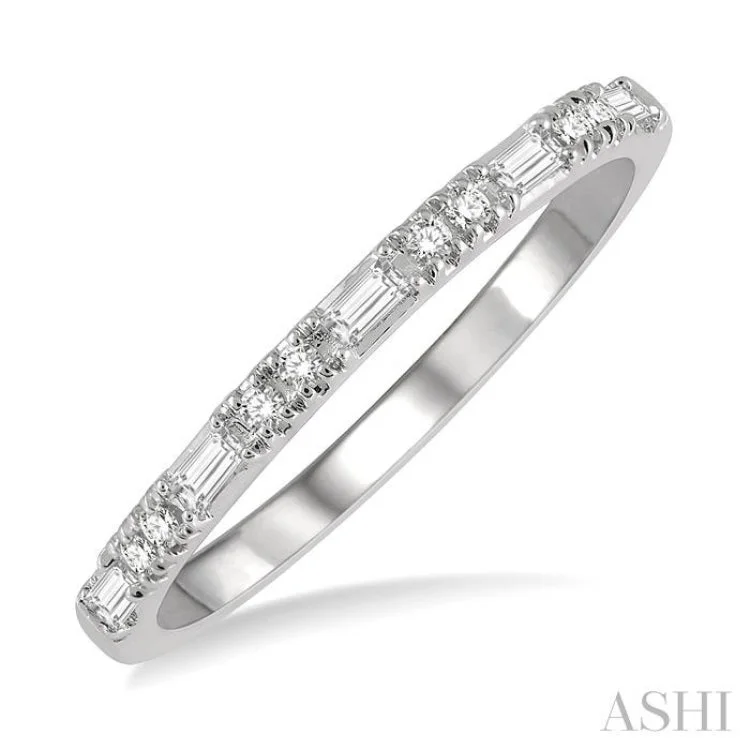 personalized rings for women-1/6 Ctw Baguette and Round Cut Diamond Stack Band in 14K White Gold