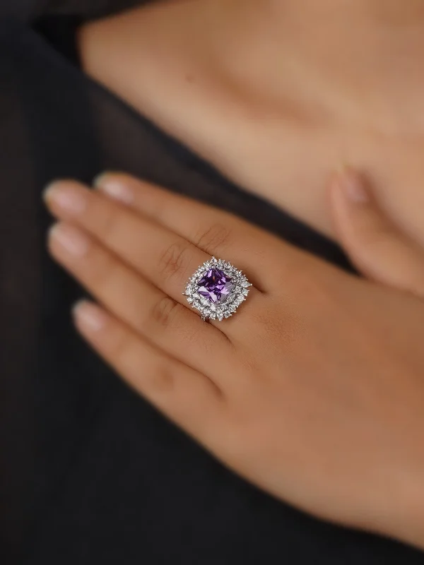 women’s cushion-cut diamond engagement rings-Purple Color Silver Plated Faux Diamond Ring - CZRNG104PR