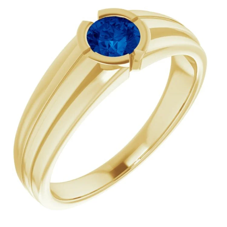 adjustable pearl rings for women-14K Yellow Lab-Grown Blue Sapphire Ring