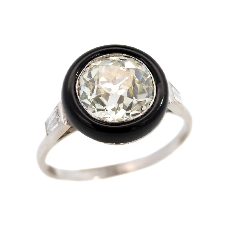 diamond engagement rings for women-Art Deco Platinum Halo Onyx and Diamond Ring