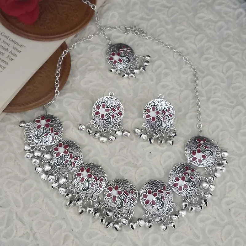 minimalistic silver necklaces for women-Kriaa Oxidised Plated Red Meenakari Necklace Set With Maang Tikka - 1115347A