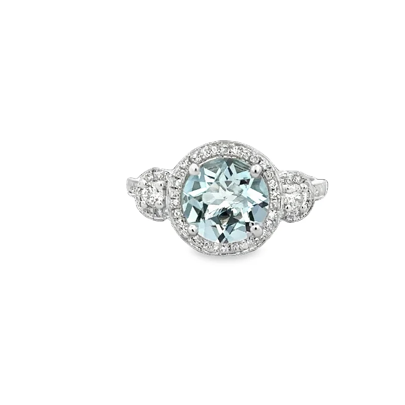 women’s custom round-cut engagement rings-Aquamarine and Diamond Ring in White Gold