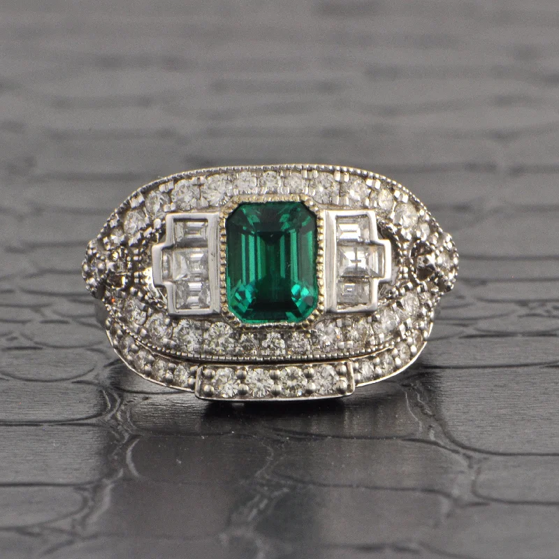 women’s two-stone engagement rings-Art Deco Inspired Emerald and Diamond Ring & Band in 18k White Gold