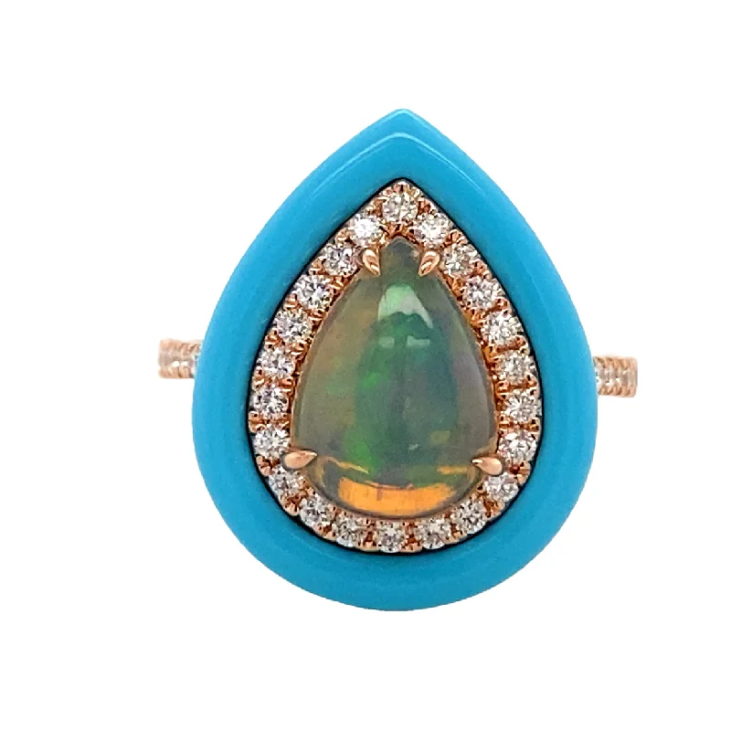 women’s engagement rings with colored diamonds-18K Yellow Gold Opal Turquoise and Diamond Ring