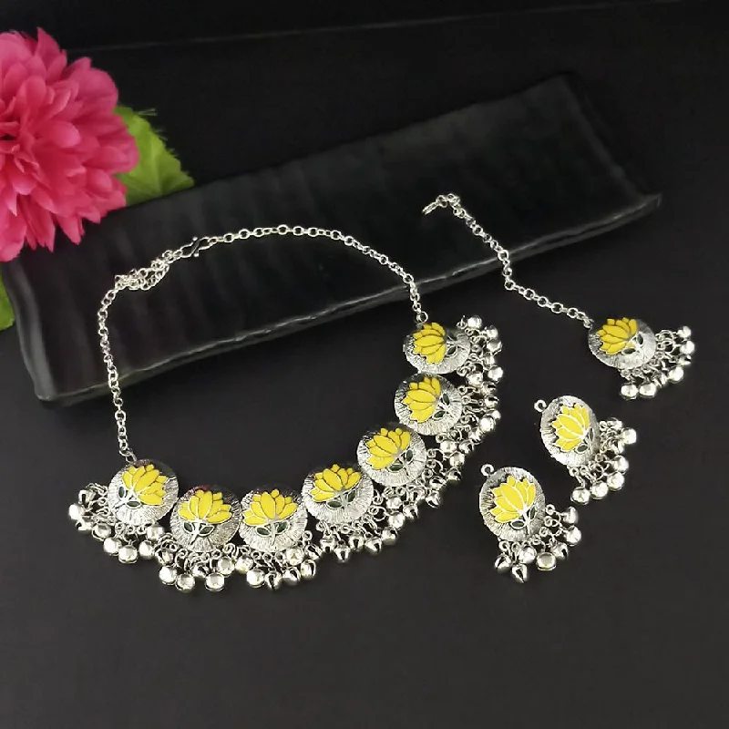 sterling silver initial necklaces-Kriaa Oxidised Plated Yellow Meenakari Necklace Set With Maang Tikka - 1116015F