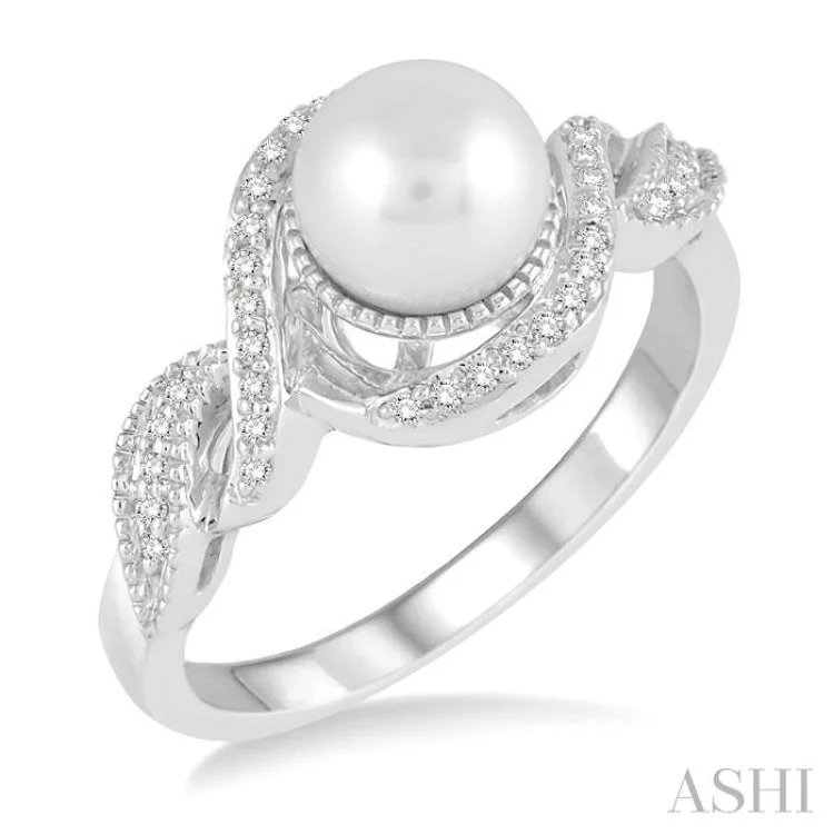 women’s romantic rings-1/10 Ctw Round Cut Diamond and Center 7MM Cultured Pearl Twisted Swirl Ring in 10K White Gold