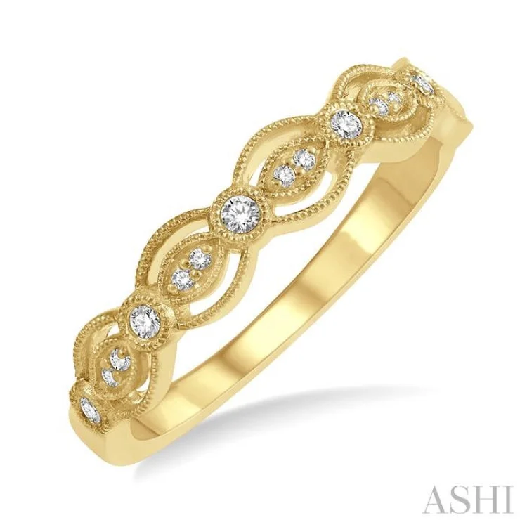 women’s wedding rings-1/10 Ctw Lattice Marquise and Circular Mount Round Cut Diamond Stack Band in 14K Yellow Gold