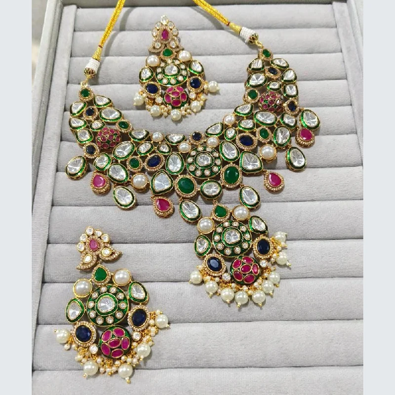 women’s gold necklaces-JCM Gold Plated Polki Kundan Stone Meenakari Necklace Set