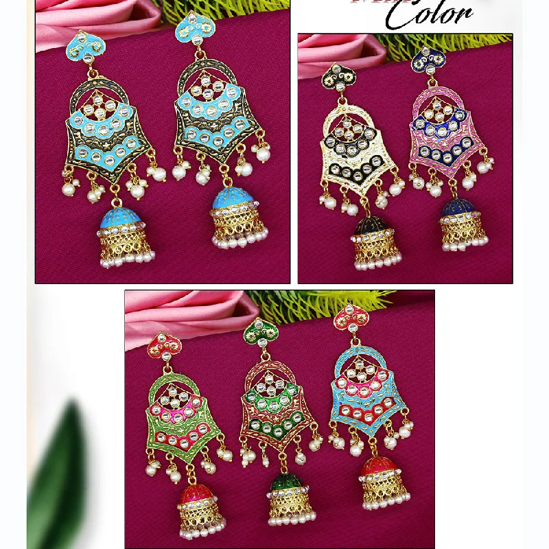 women’s geometric earrings-Mahavir Gold Plated Meenakari And Kundan Jhumki Earrings Combo