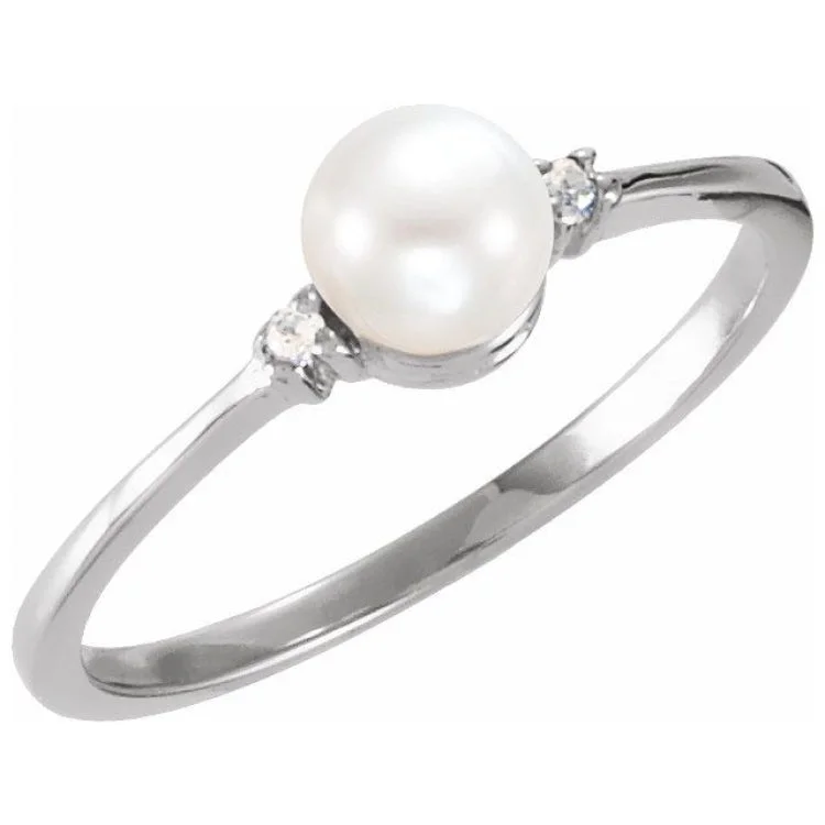 women’s rose gold engagement rings-Platinum Cultured White Freshwater Pearl & .025 CTW Natural Diamond Ring