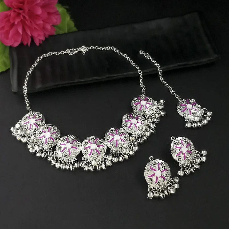 luxury diamond necklaces for women-Kriaa Oxidised Plated Pink Meenakari Necklace Set With Maang Tikka - 1116016C