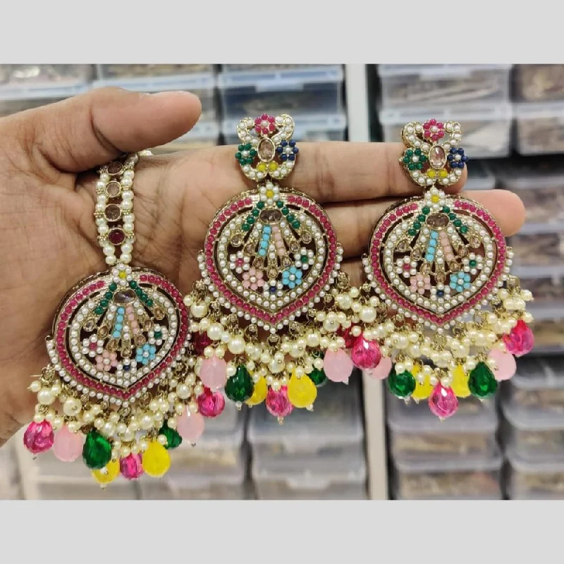 women’s chandelier earrings-Manisha Jewellery Gold Plated Crystal Stone And Pearls Dangler Earrings With Maangtika