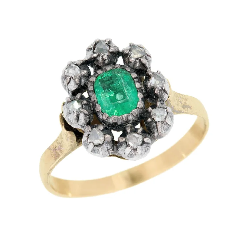 women’s engagement rings with halo diamonds-Victorian 14k and Sterling Silver Emerald and Diamond Ring