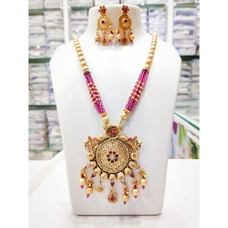 vintage-style necklaces for women-Akruti Collection Gold Plated Kundan Stone And Pearls Long Necklace Set