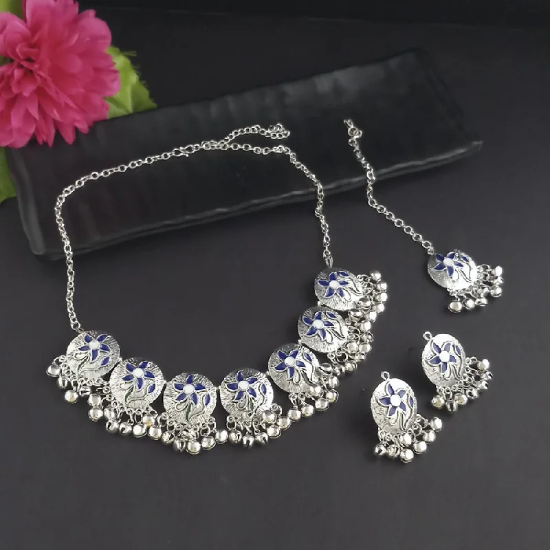 women’s custom engraving necklaces-Kriaa Oxidised Plated Blue Meenakari Necklace Set With Maang Tikka - 1116014D