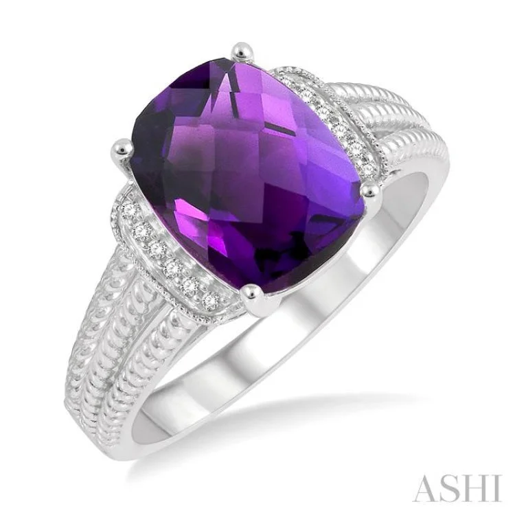 handmade rings for women-1/20 Ctw Round Cut Diamond & 10x8MM Cushion Cut Amethyst Semi Precious Ring in Sterling Silver