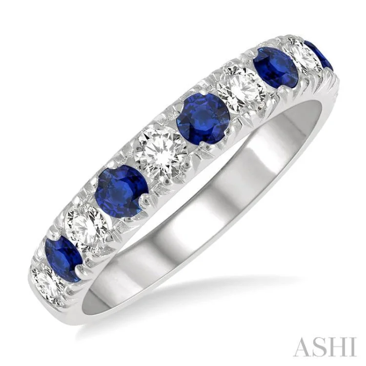 women’s oval rings-1/2 ctw Round Cut Diamond and 2.9MM Sapphire Precious Wedding Band in 14K White Gold