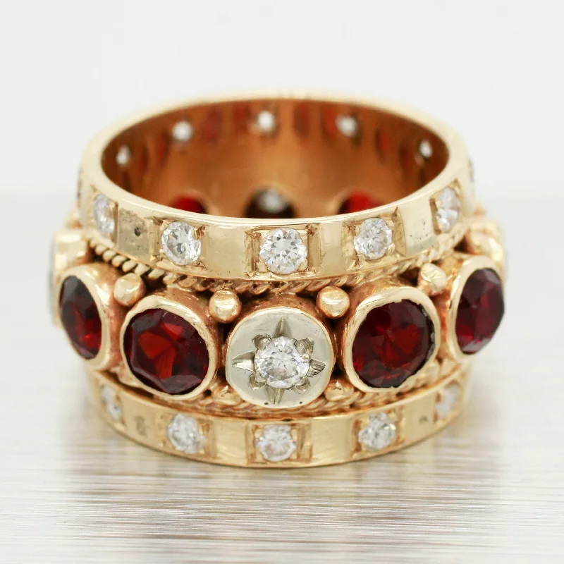 vintage engagement rings with diamonds-Vintage 2.00ctw Garnet & Diamond Ring - 14k Yellow Gold Milgrain Band