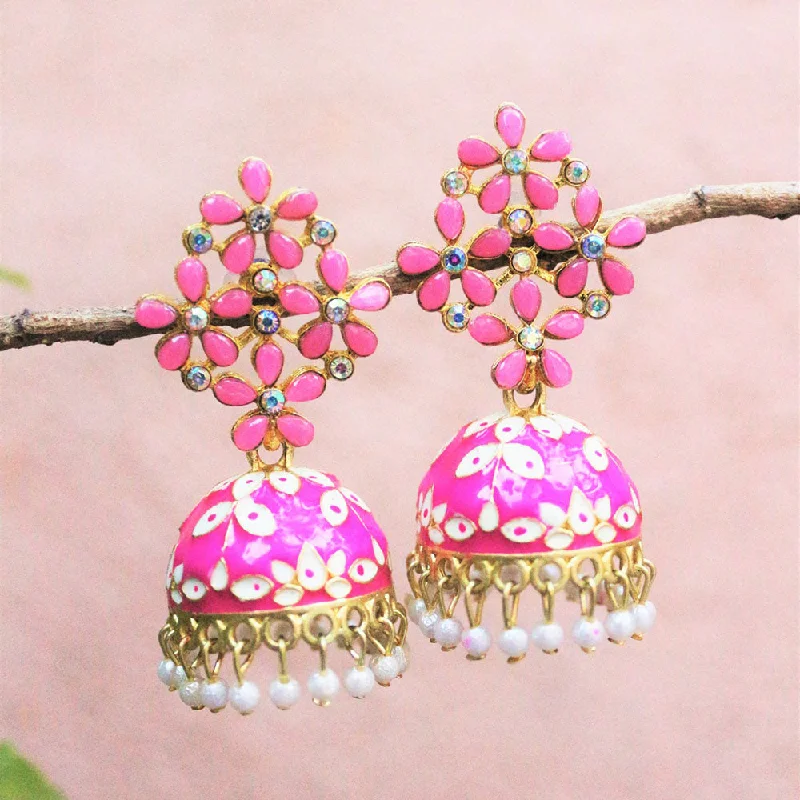 women’s flower stud earrings-H K Fashion Gold Plated Crystal Stone Meenakari Jhumki Earrings