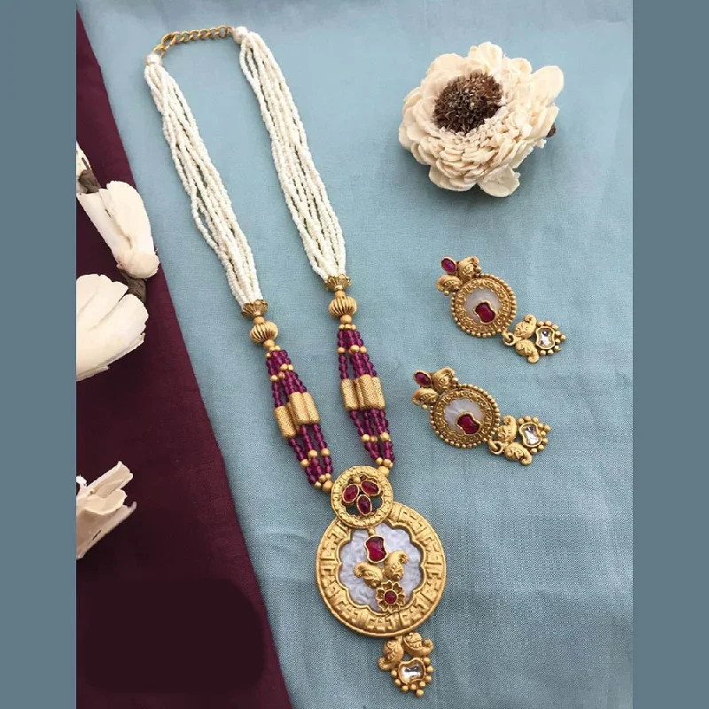 women’s vintage-style gemstone necklaces-FS Collection Gold Plated Kundan Stone And Pearls Long Necklace Set