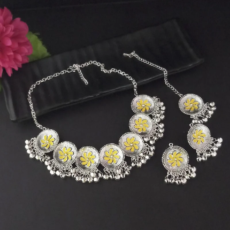 vintage silver lock necklaces-Kriaa Oxidised Plated Yellow Meenakari Necklace Set With Maang Tikka - 1116013F