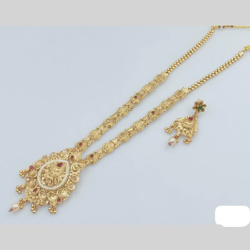 women’s layered charm necklaces-Rani Sati Jewels Gold Plated Pota Stone And Pearl Long Necklace Set