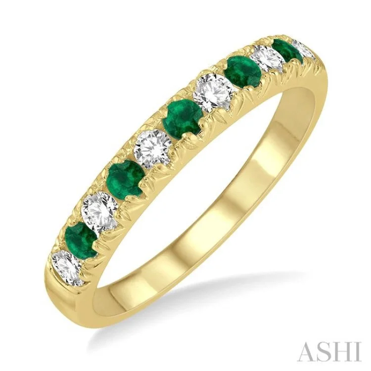 gold rings for women-1/4 ctw Round Cut Diamond and 2.3MM Emerald Precious Wedding Band in 14K Yellow Gold