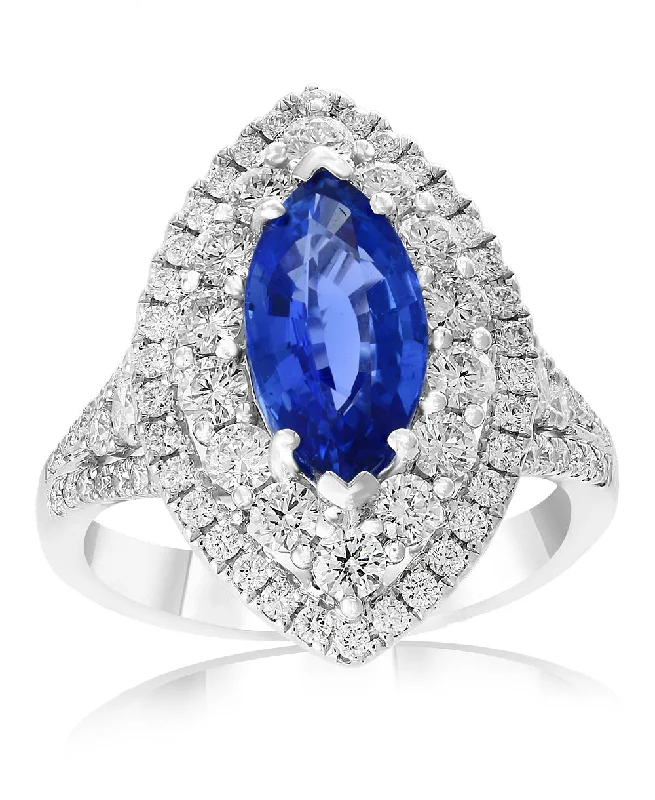 vintage engagement rings with diamonds-Marquise Sapphire and Diamond Ring in 18k White Gold