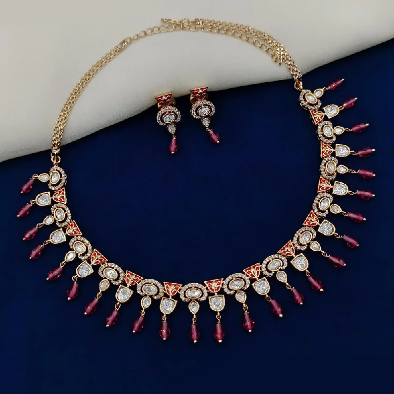 custom engraved pendant necklaces-Amoliya Jewels Gold Plated Polki Kundan And Beads Necklace Set