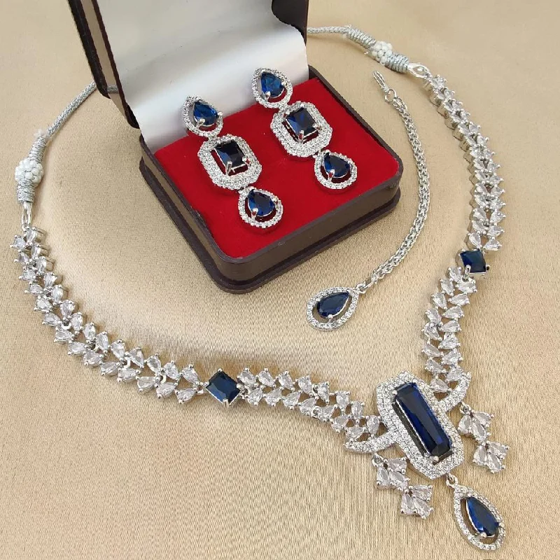 bold statement necklaces for women-FS Collection Silver Plated American Diamonds Necklace Set