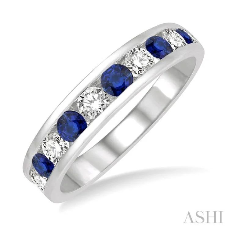 trendy rings for women-1/2 ctw Round Cut Diamond and 2.9MM Sapphire Precious Wedding Band in 14K White Gold