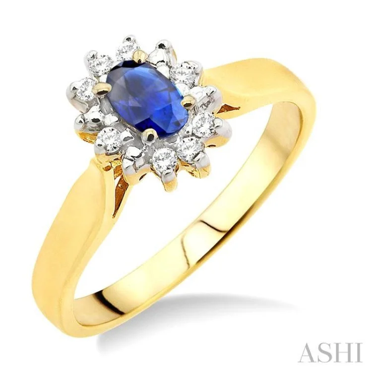 women’s custom gold engagement rings-5x3mm Oval Cut Sapphire and 1/10 Ctw Round Cut Diamond Ring in 14K Yellow Gold