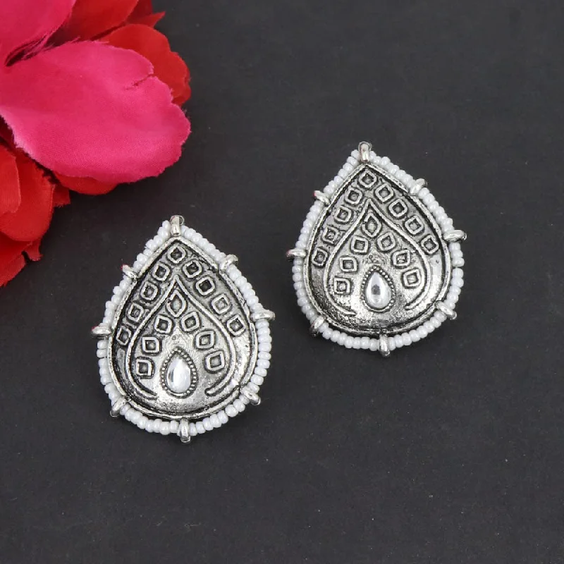 women’s long earrings-Corbeda Fashion Oxidised Plated Pota Stone Stud Earrings